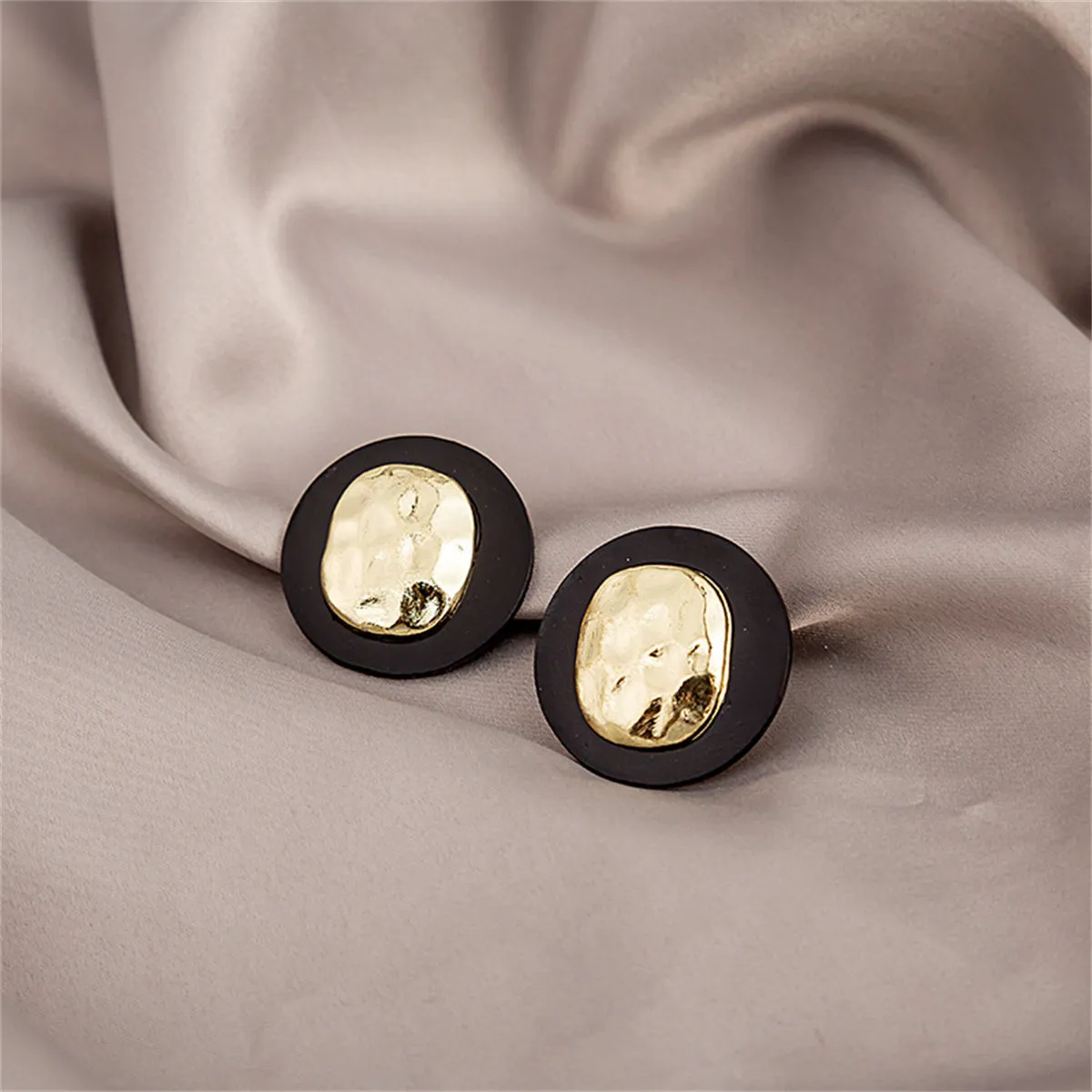 Black Enamel & 18K Gold-Plated Hammered Round Stud Earrings