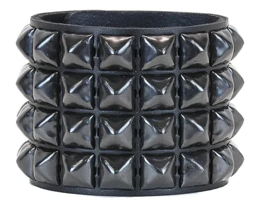 Black leather bracelet w/ 4 rows of black pyramid studs
