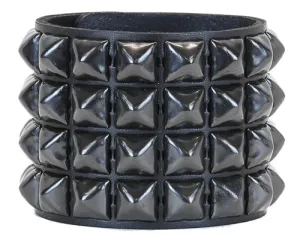 Black leather bracelet w/ 4 rows of black pyramid studs