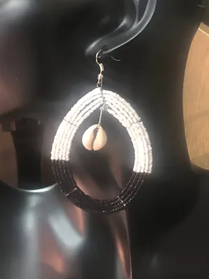Black/White Beaded African Cowrie Shell Earrings