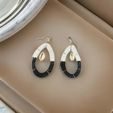 Black/White Beaded African Cowrie Shell Earrings