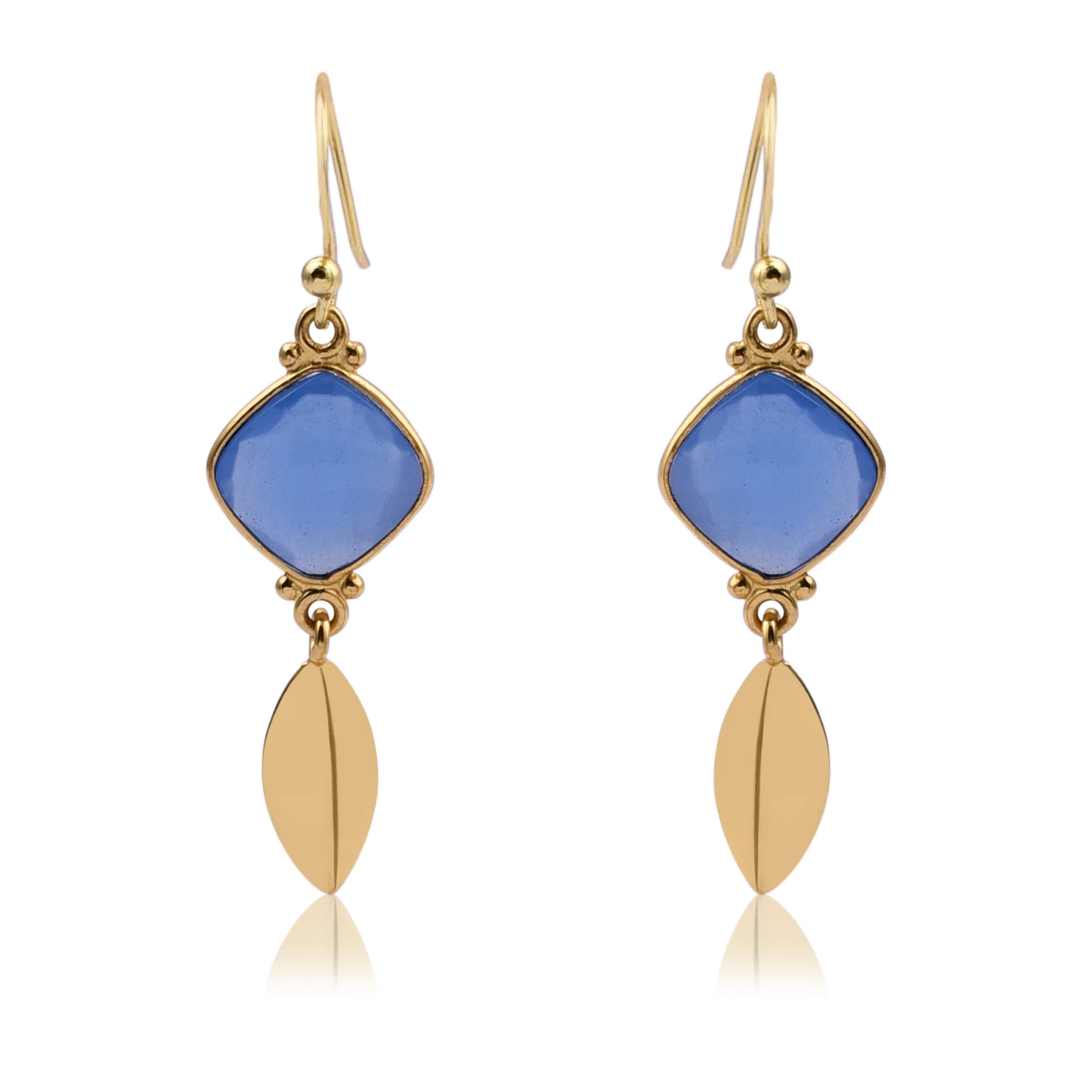 Blue Chalcedony Gold Leaf Drop Earrings