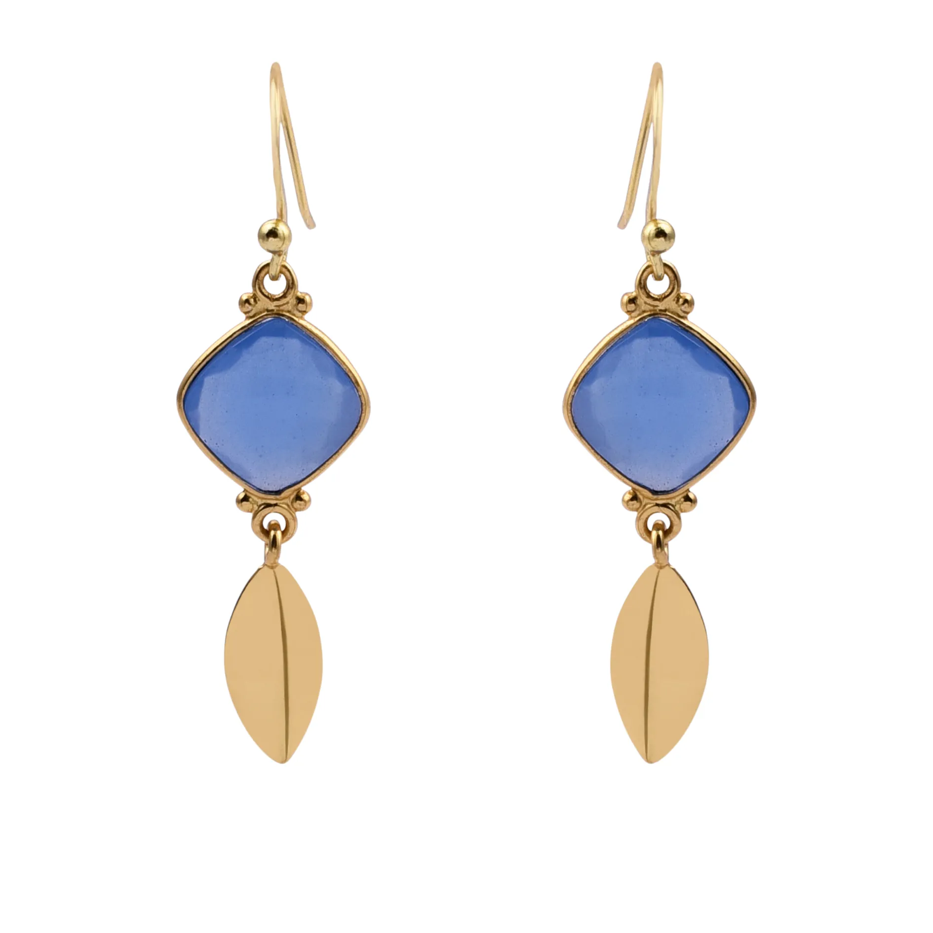 Blue Chalcedony Gold Leaf Drop Earrings