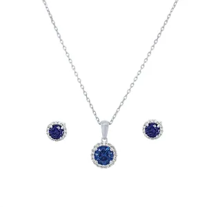 Blue Cubic Zirconia Halo Necklace & Earrings Jewellery Set