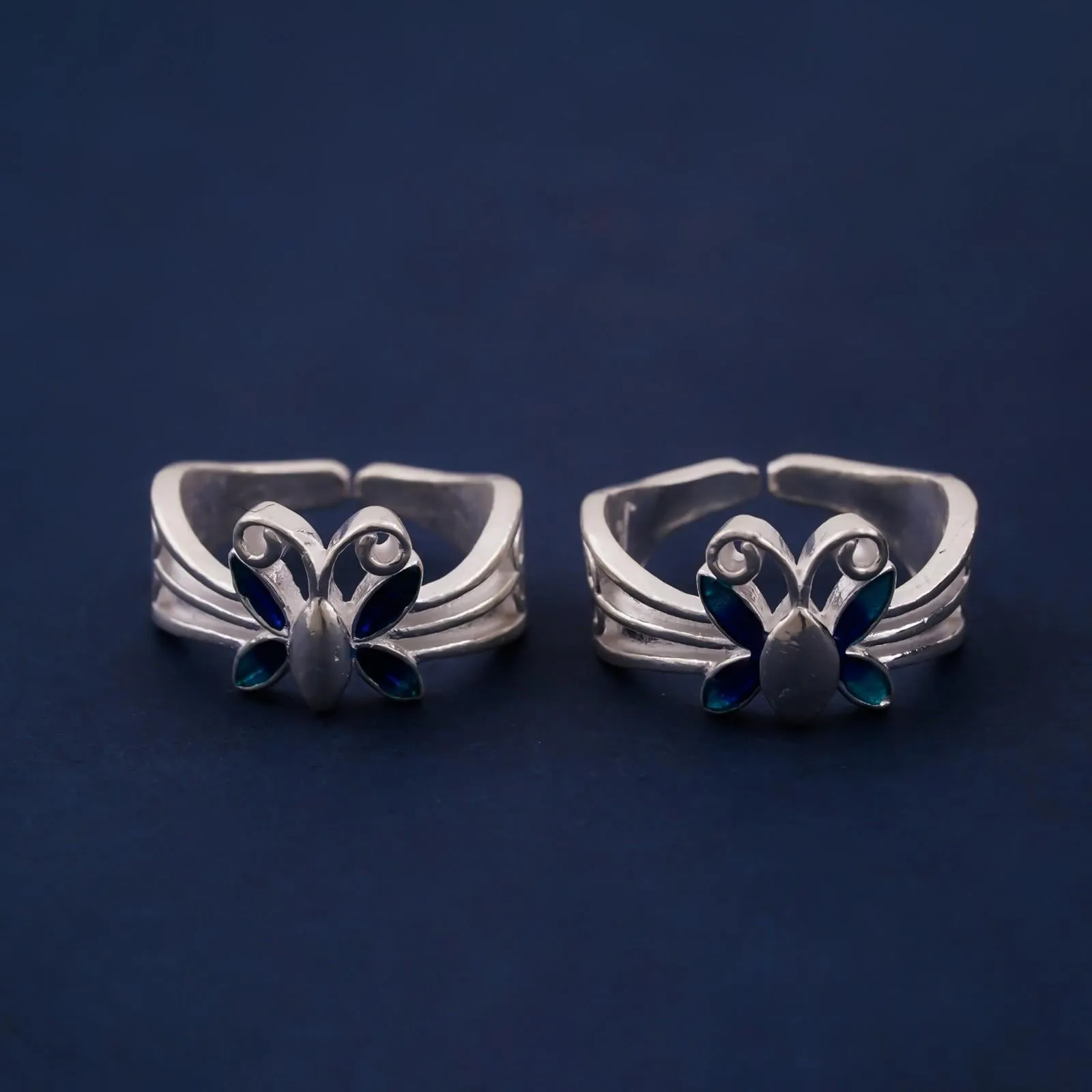 Blue Silver Butterfly Toe Rings