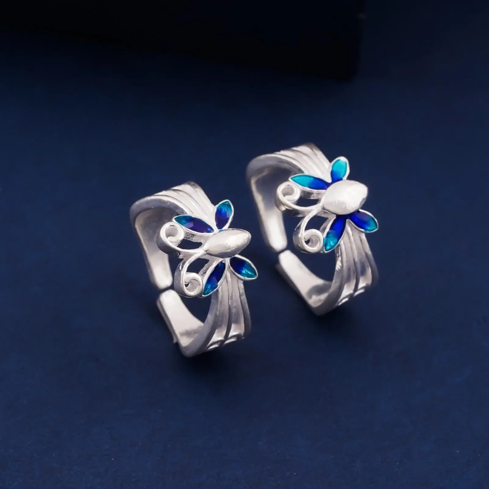 Blue Silver Butterfly Toe Rings