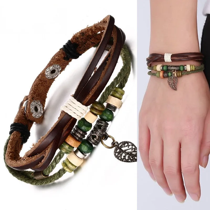 Brown Genuine Leather Bracelet Men's Bangle Stainless Steel Fashion Retro Anchor Charm Jewelry For Women