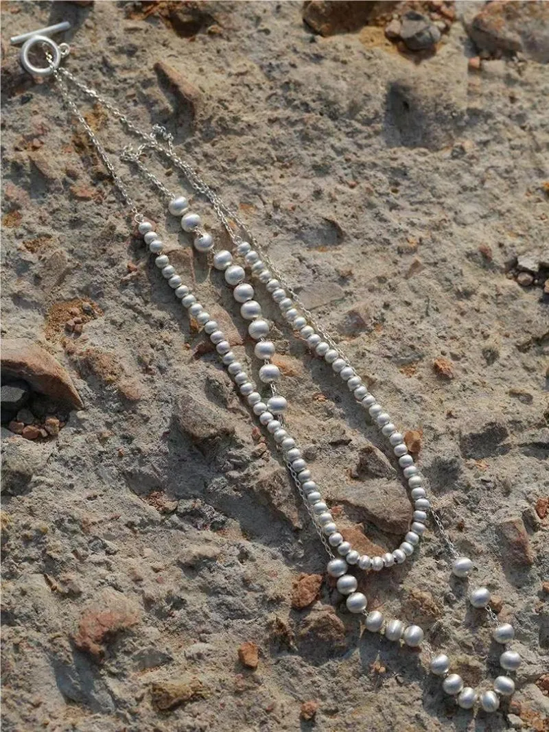 Brushed Bead Long Multi-Layer Wrap OT Chain Necklace