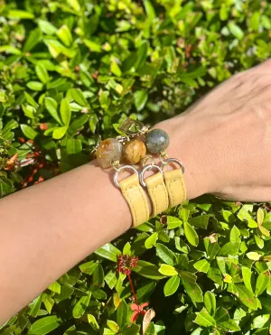 Bundle Bracelet with Yellow Leather, Agathe, Tiger Eye and Amazonite Stone