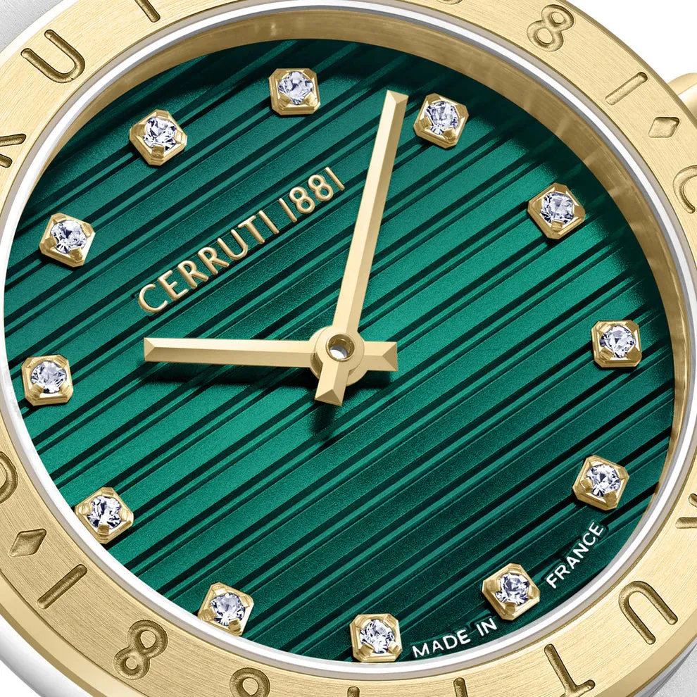 Cerruti 1881 Filiano Ladies Green Dial Gold Bezel Silver Stainless Steel Bracelet Watch