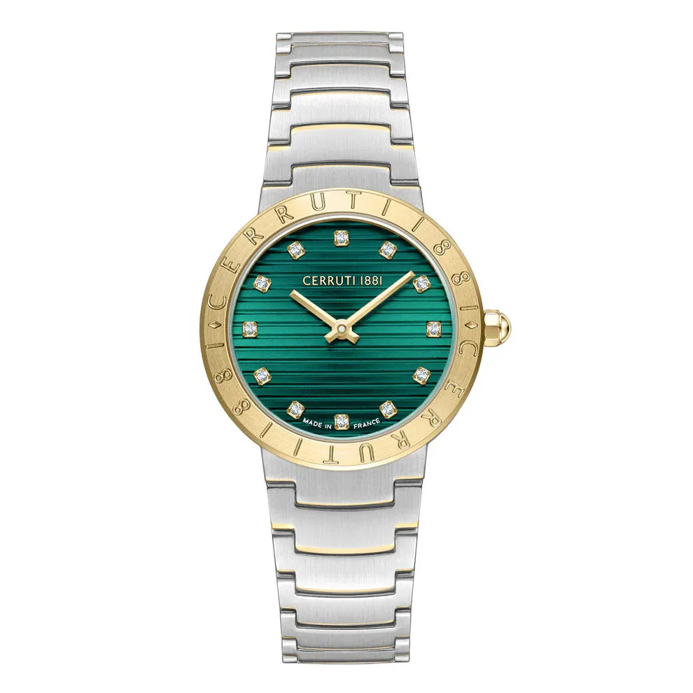 Cerruti 1881 Filiano Ladies Green Dial Gold Bezel Silver Stainless Steel Bracelet Watch