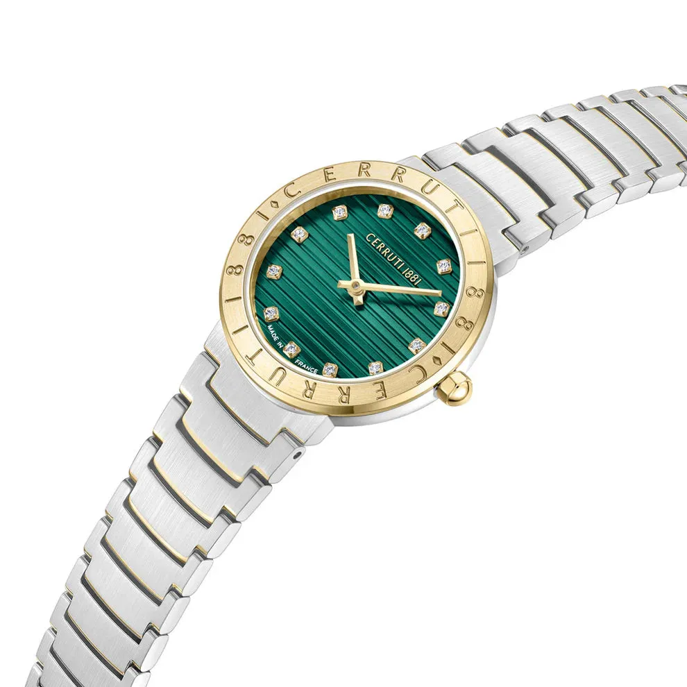Cerruti 1881 Filiano Ladies Green Dial Gold Bezel Silver Stainless Steel Bracelet Watch