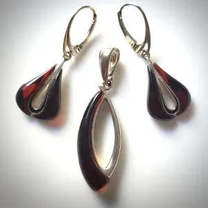Cherry Amber Silver Modern Jewelry Set