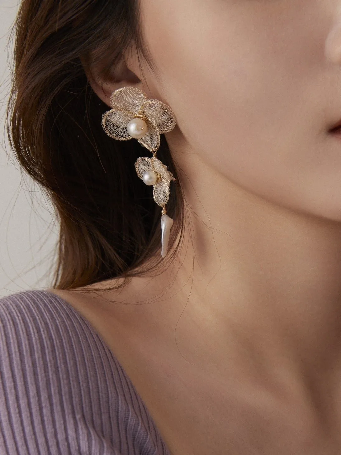 Cicada Wing Series Metallic Lace Petite Floral Stud Earrings