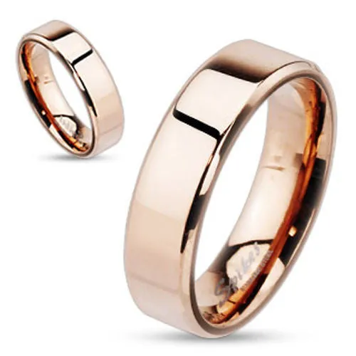 Classic Flat Ion Plated Rose Gold Stainless Steel Band Ring with Beveled Edges. Couple Ring.