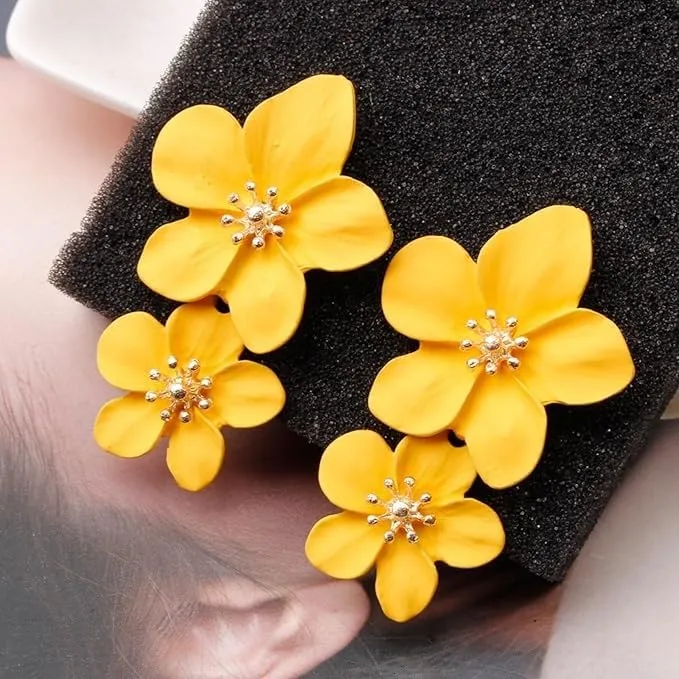 Combo Earrings Petals Drop Earrings Yellow Flower Design Drop Earrings, Vintage Retro Style Large Fashion Ear Stud Earrings Ring Buckle Earrings for Women & Girls Pack of 2 Pair Earrings Set