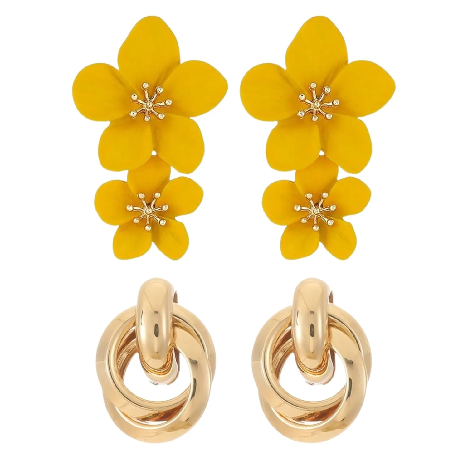 Combo Earrings Petals Drop Earrings Yellow Flower Design Drop Earrings, Vintage Retro Style Large Fashion Ear Stud Earrings Ring Buckle Earrings for Women & Girls Pack of 2 Pair Earrings Set