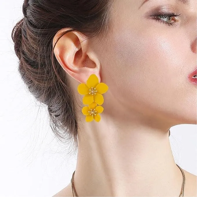 Combo Earrings Petals Drop Earrings Yellow Flower Design Drop Earrings, Vintage Retro Style Large Fashion Ear Stud Earrings Ring Buckle Earrings for Women & Girls Pack of 2 Pair Earrings Set
