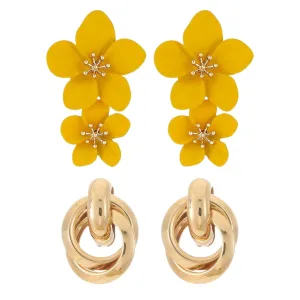 Combo Earrings Petals Drop Earrings Yellow Flower Design Drop Earrings, Vintage Retro Style Large Fashion Ear Stud Earrings Ring Buckle Earrings for Women & Girls Pack of 2 Pair Earrings Set