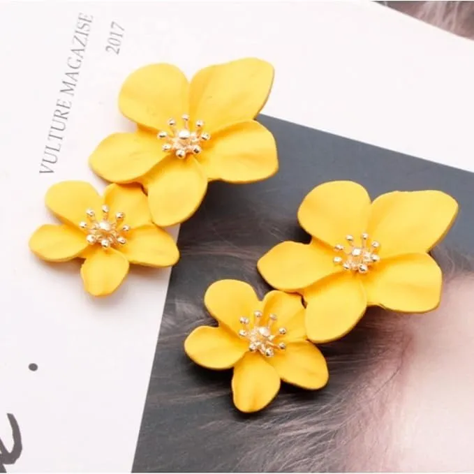 Combo Earrings Petals Drop Earrings Yellow Flower Design Drop Earrings, Vintage Retro Style Large Fashion Ear Stud Earrings Ring Buckle Earrings for Women & Girls Pack of 2 Pair Earrings Set