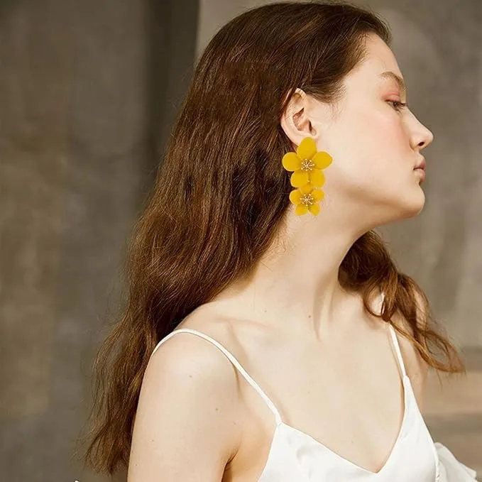 Combo Earrings Petals Drop Earrings Yellow Flower Design Drop Earrings, Vintage Retro Style Large Fashion Ear Stud Earrings Ring Buckle Earrings for Women & Girls Pack of 2 Pair Earrings Set