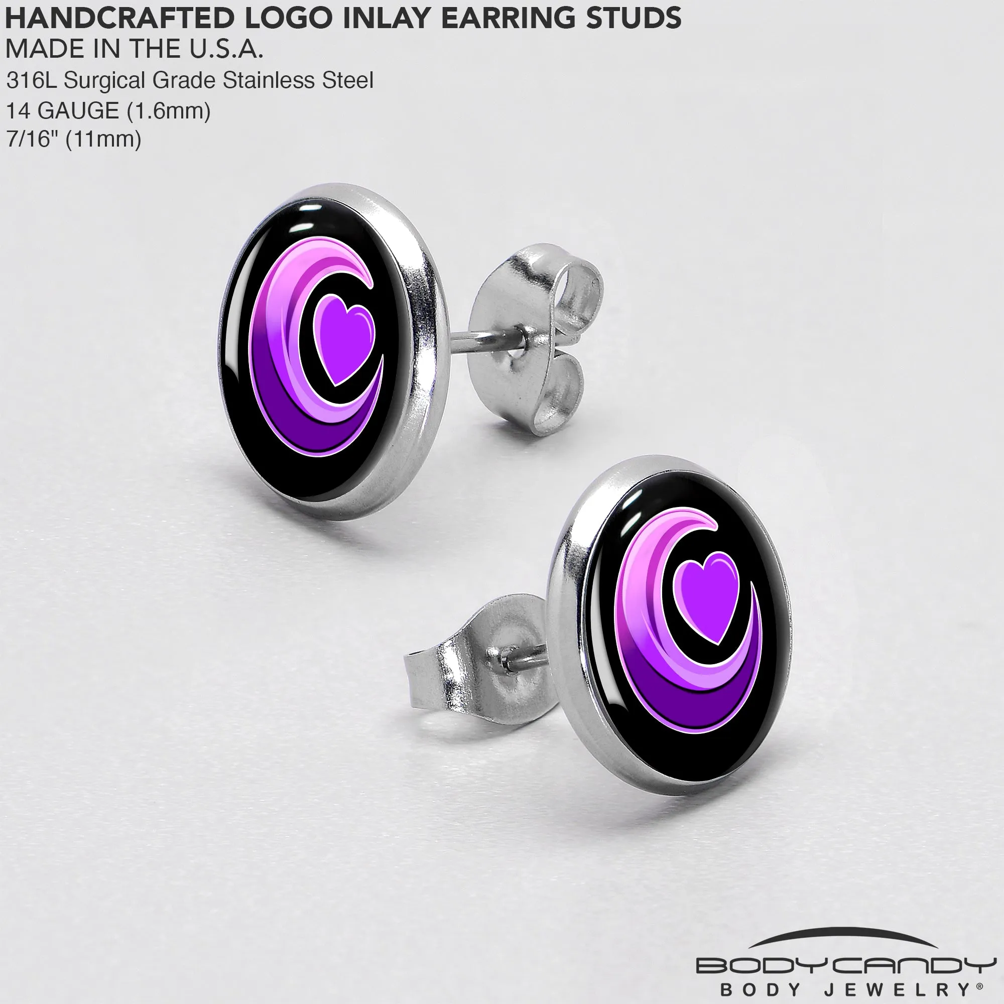 Crescent Moon Heart Stud Earrings