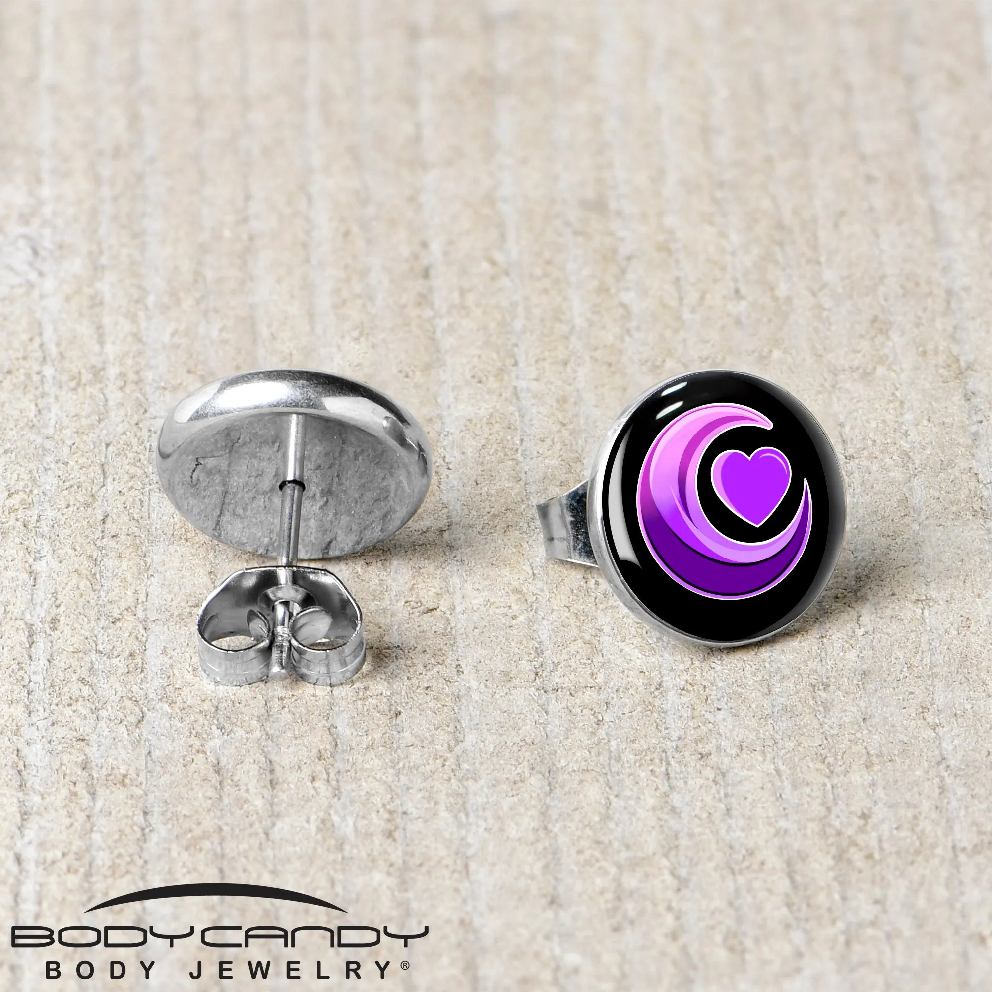Crescent Moon Heart Stud Earrings