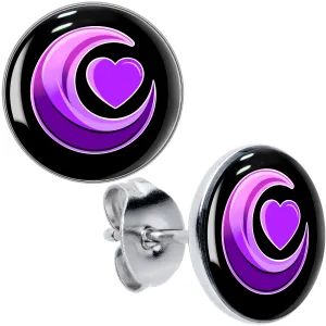 Crescent Moon Heart Stud Earrings