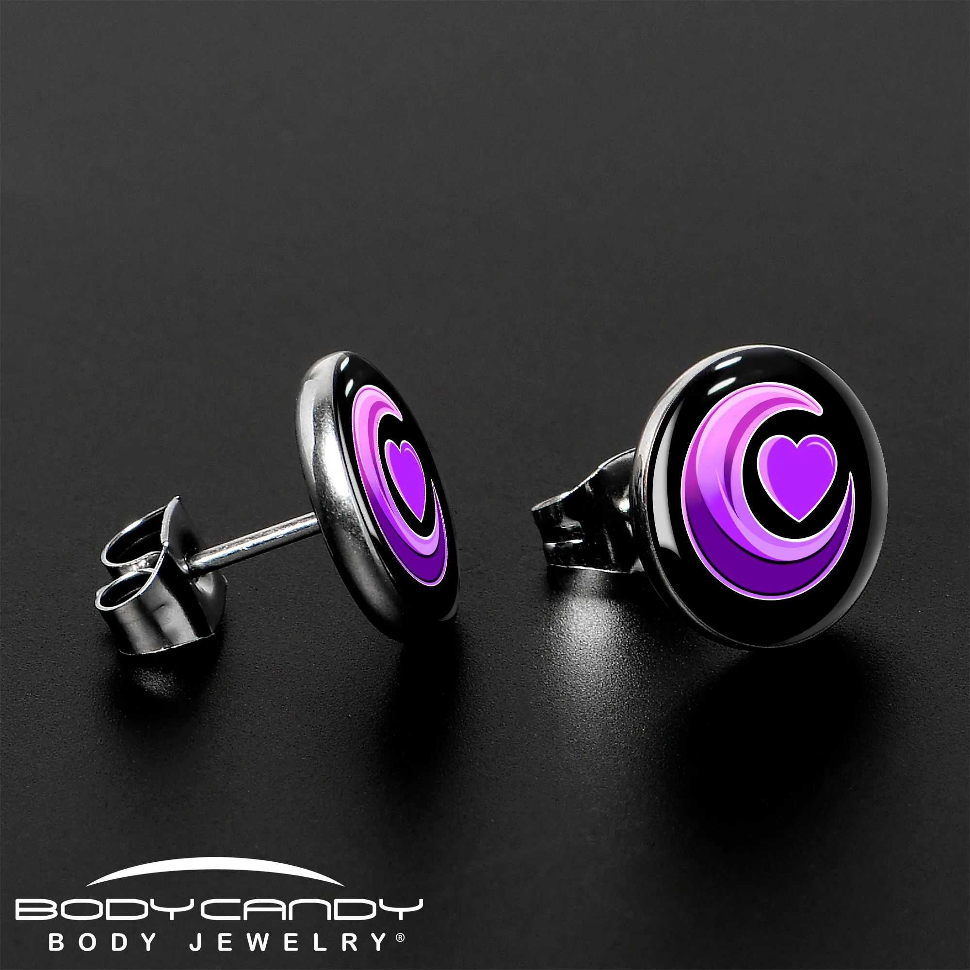 Crescent Moon Heart Stud Earrings
