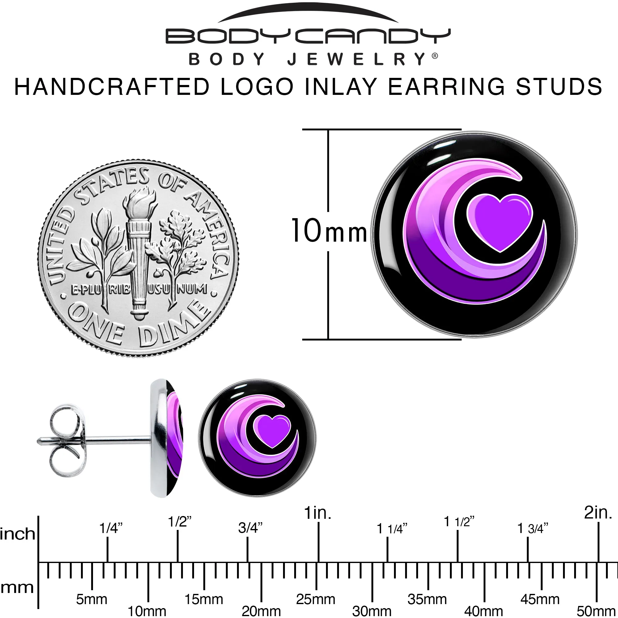 Crescent Moon Heart Stud Earrings