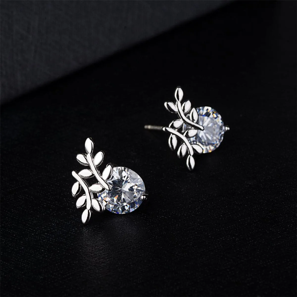 Cubic Zirconia & Silver-Plated Leaf Stud Earrings