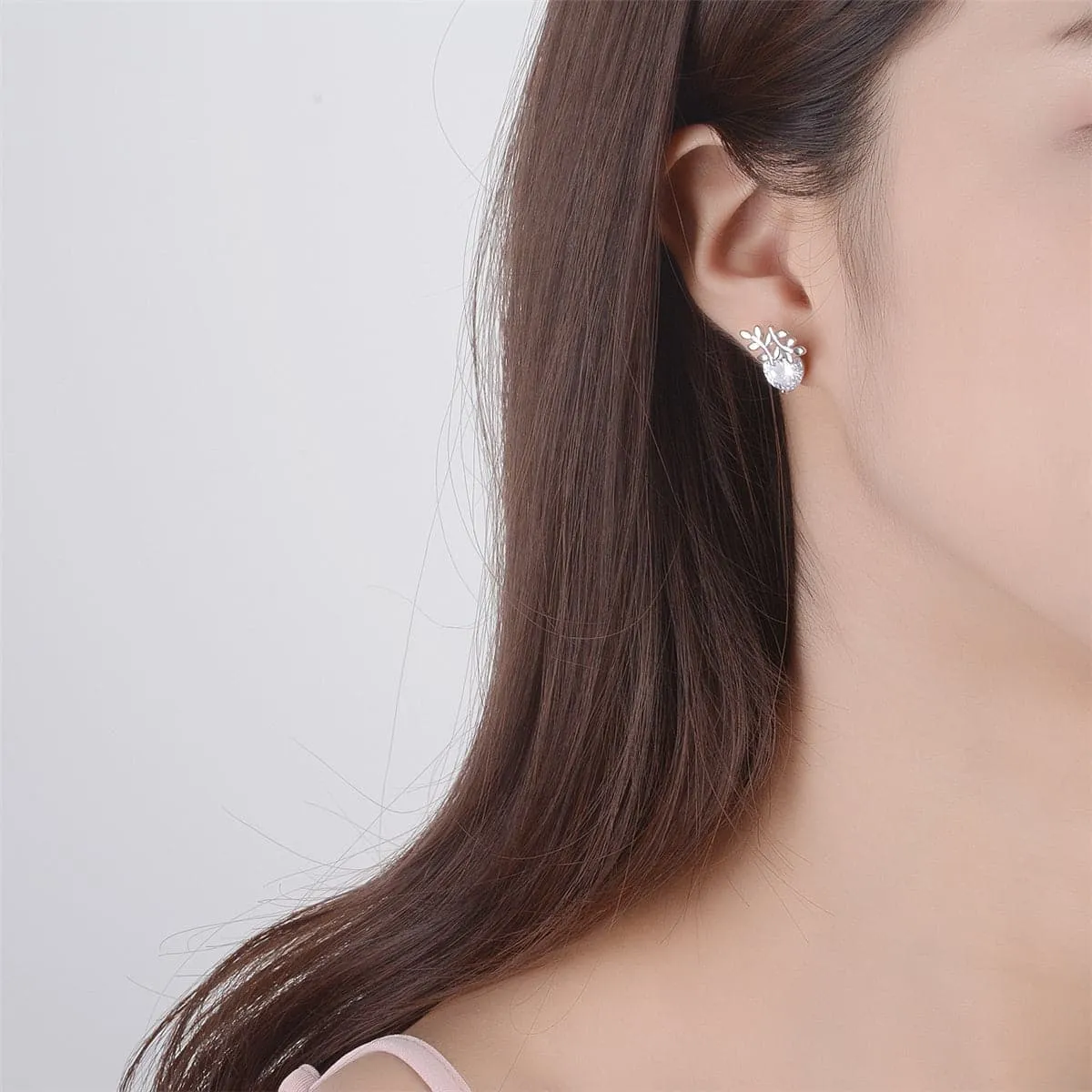 Cubic Zirconia & Silver-Plated Leaf Stud Earrings