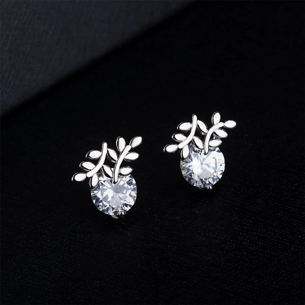 Cubic Zirconia & Silver-Plated Leaf Stud Earrings