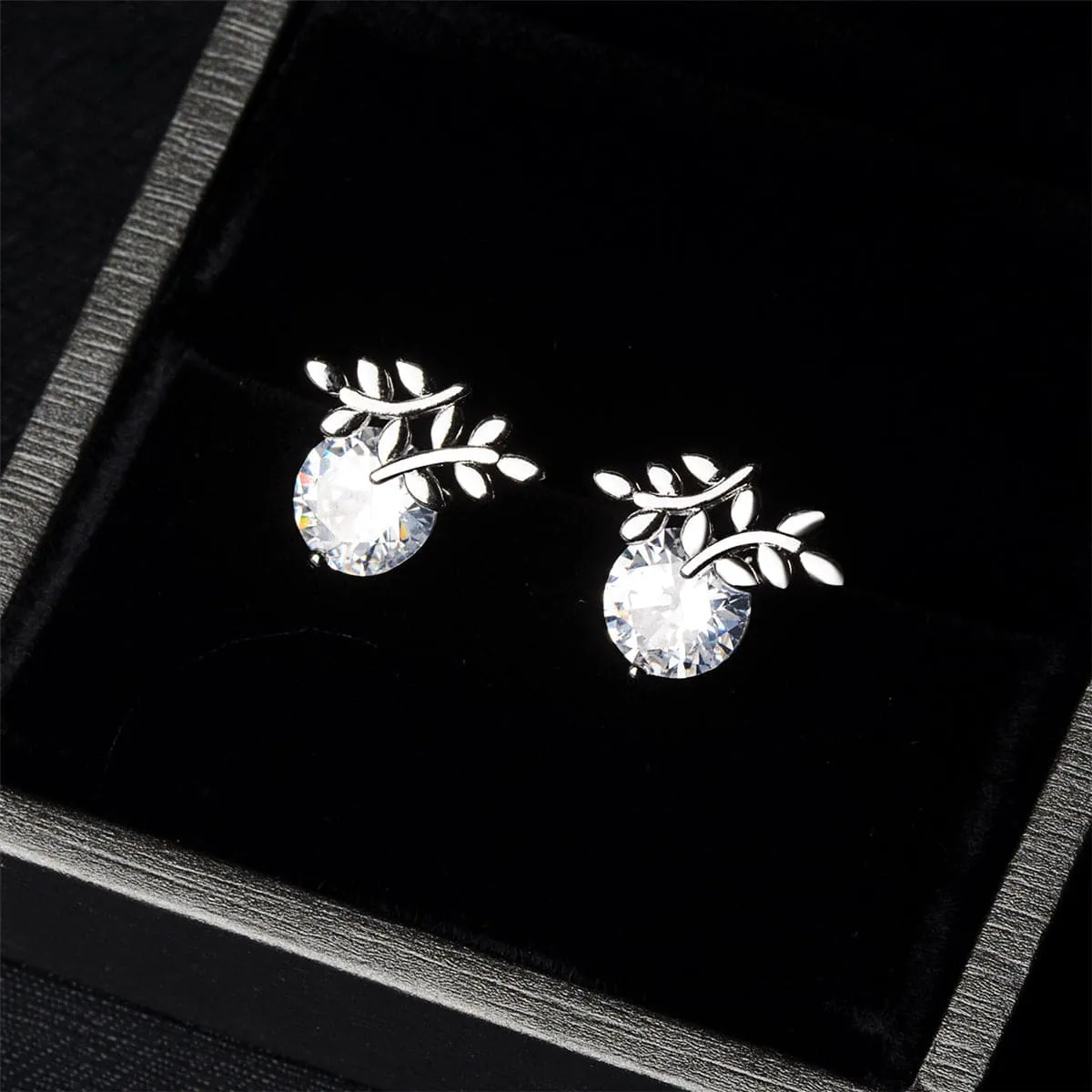 Cubic Zirconia & Silver-Plated Leaf Stud Earrings