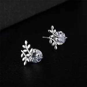Cubic Zirconia & Silver-Plated Leaf Stud Earrings