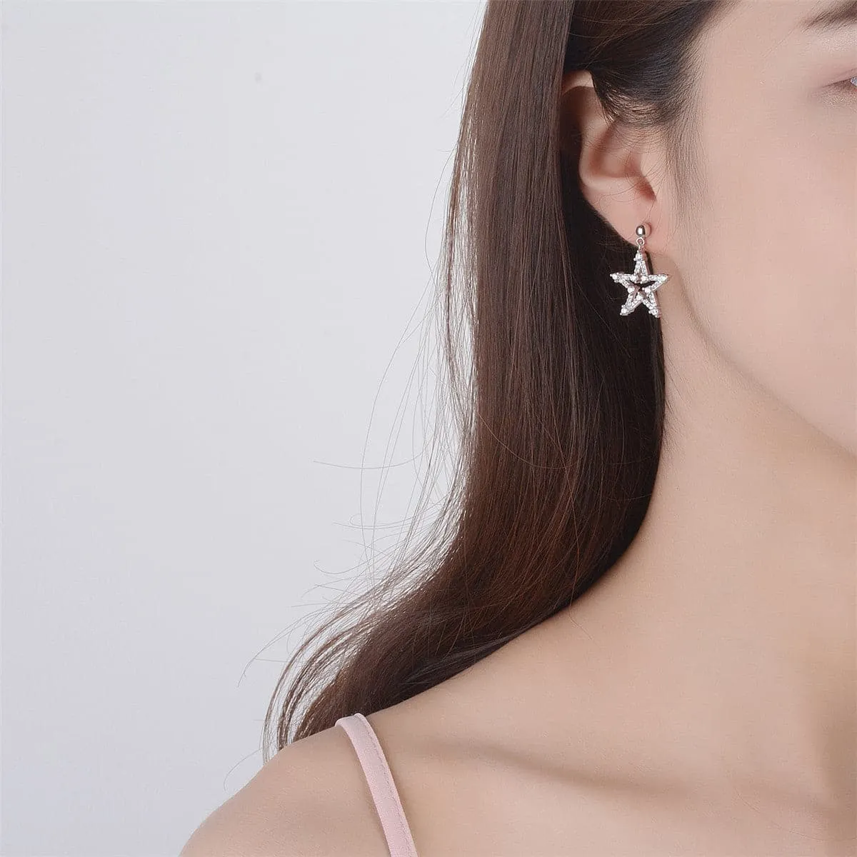 Cubic Zirconia & Silver-Plated Star Openwork Drop Earrings