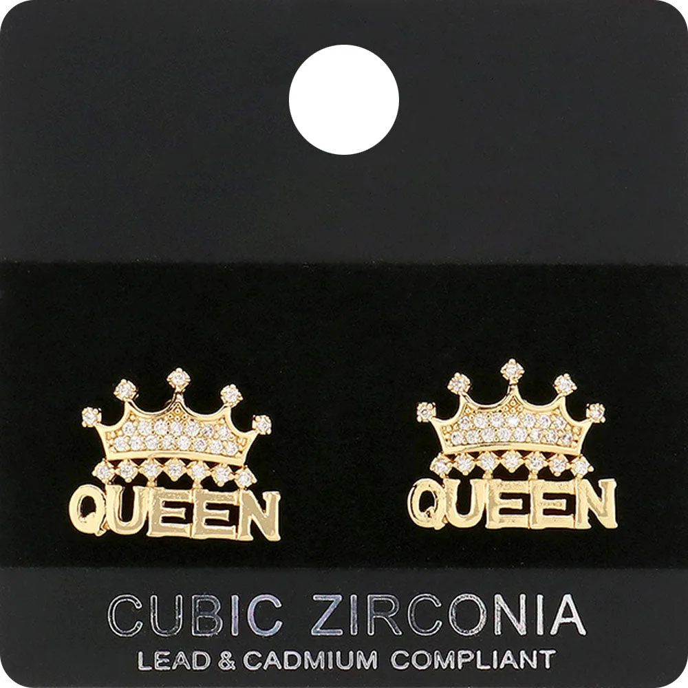 CZ Queen Crown Stud Earrings on Gold | Crown Earrings | 581584