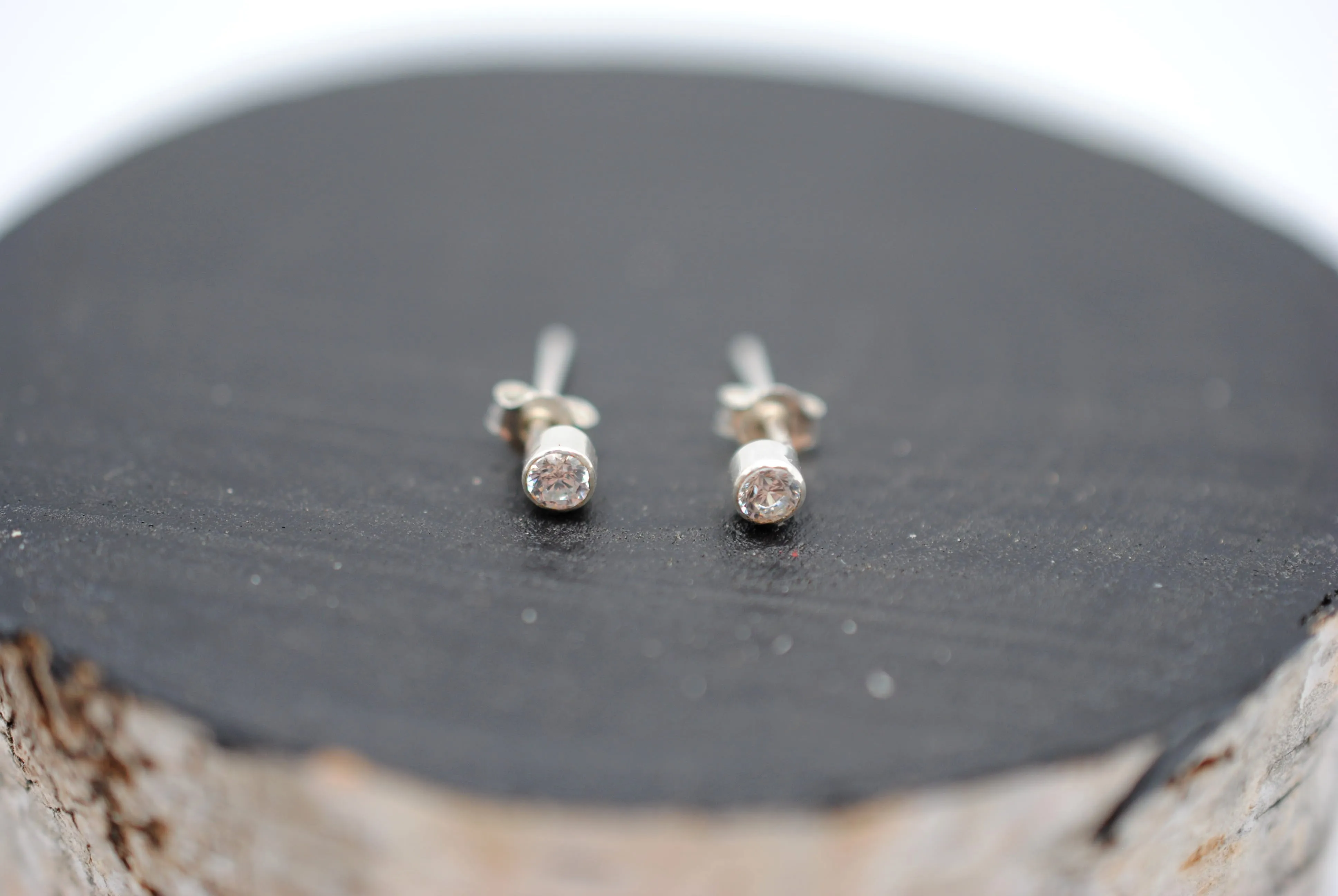 Dainty Post Earrings with Cubic Zirconia in Bezel Setting