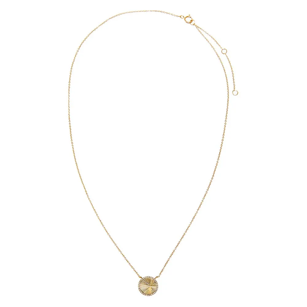Diamond Pave Outline Ridged Disc Necklace 14K