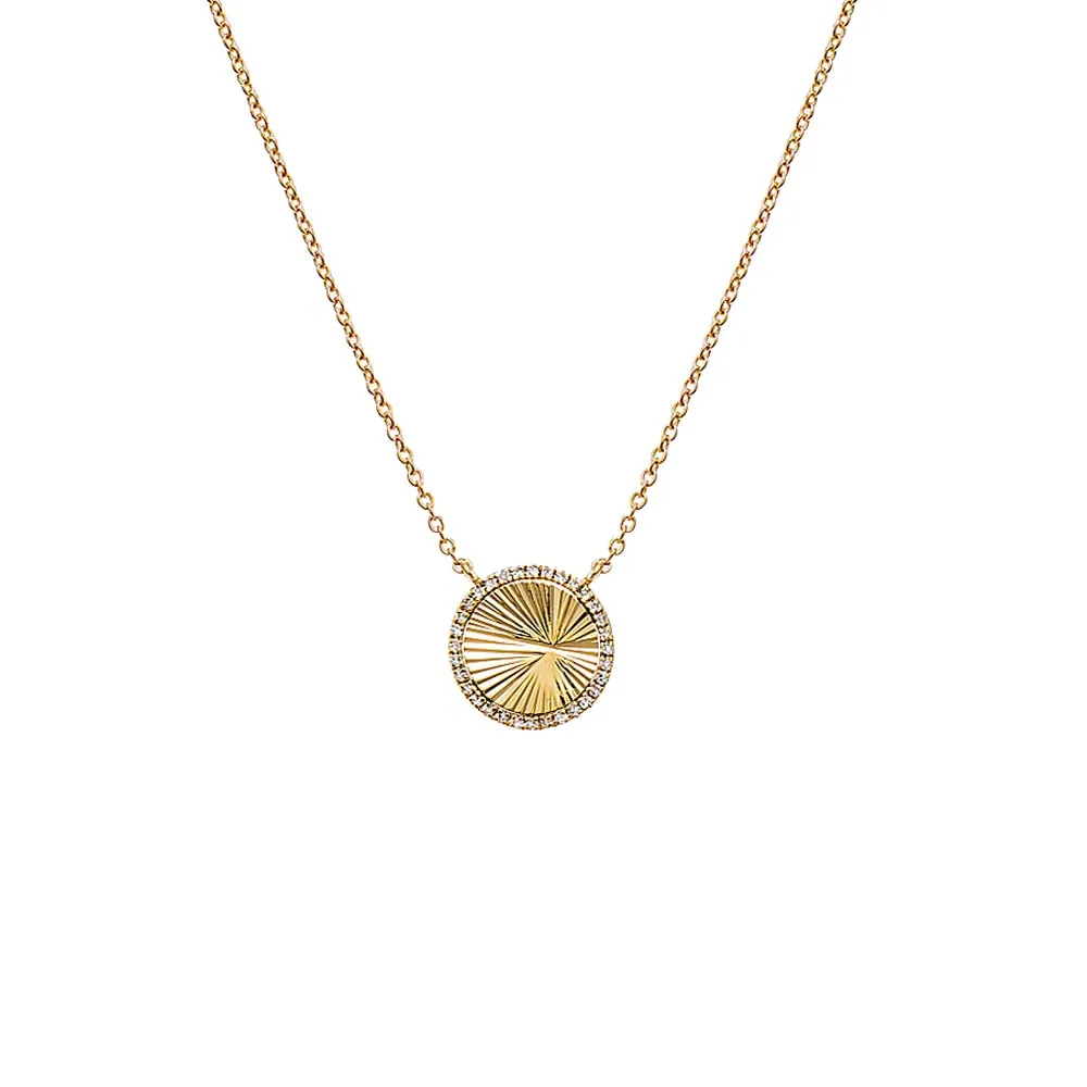 Diamond Pave Outline Ridged Disc Necklace 14K