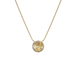 Diamond Pave Outline Ridged Disc Necklace 14K