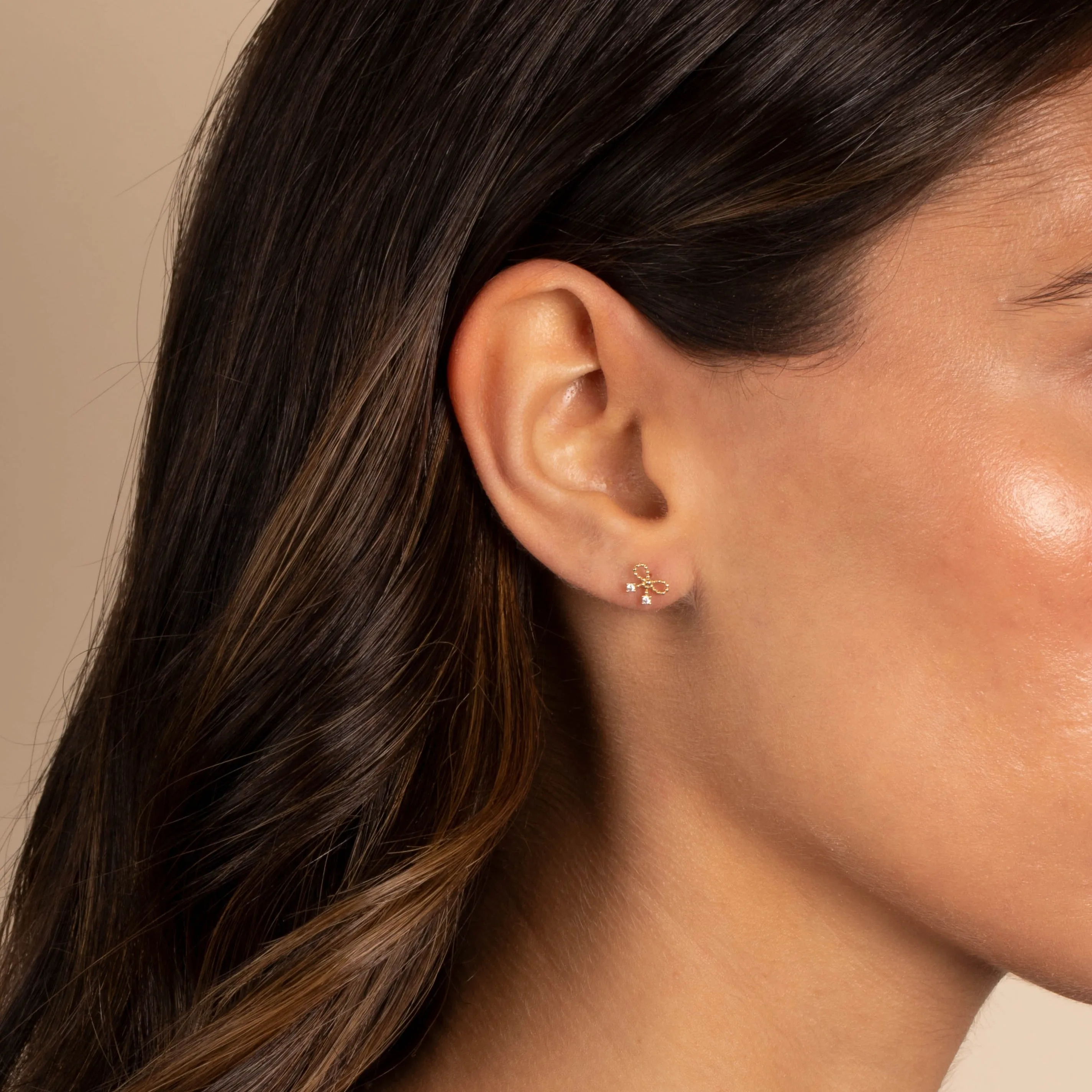 Double CZ Bow Tie Stud Earring 14K