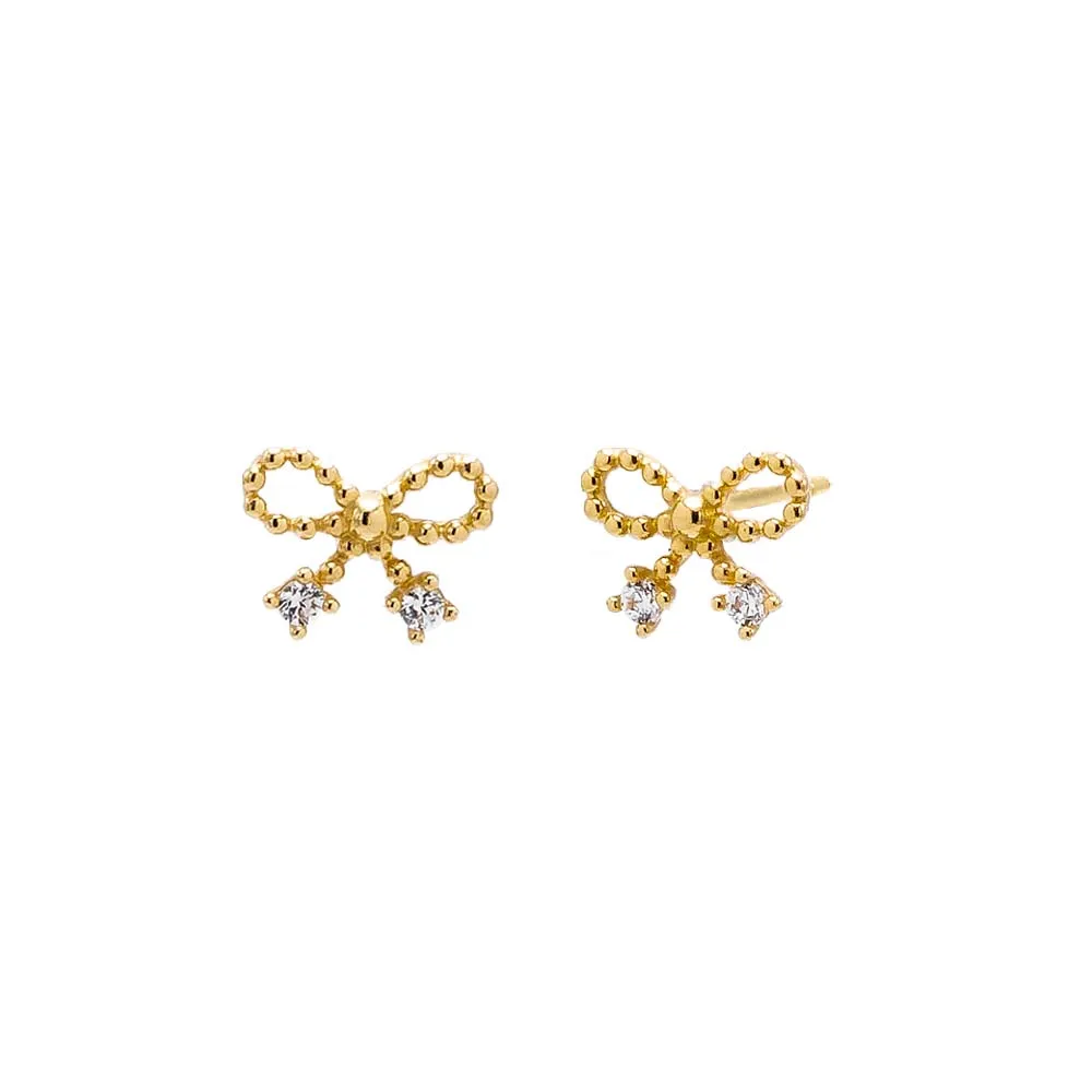 Double CZ Bow Tie Stud Earring 14K
