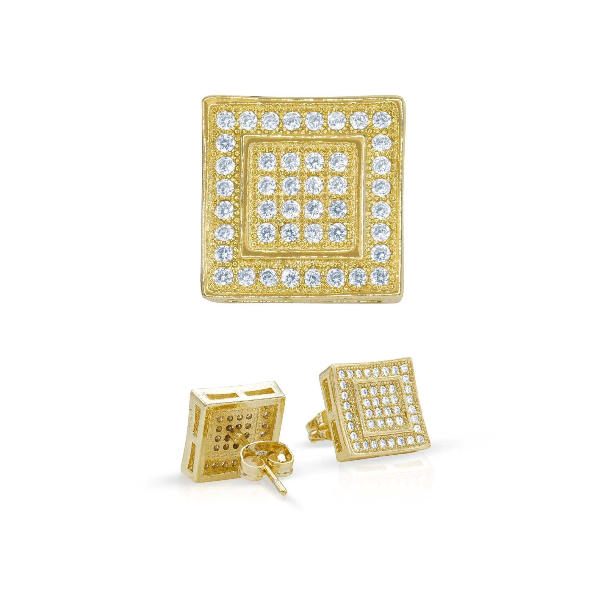 Double Square 3 Cubic Zirconia Earrings 14K Gold Filled Silver Hip Hop Studs Jewelry Women Men