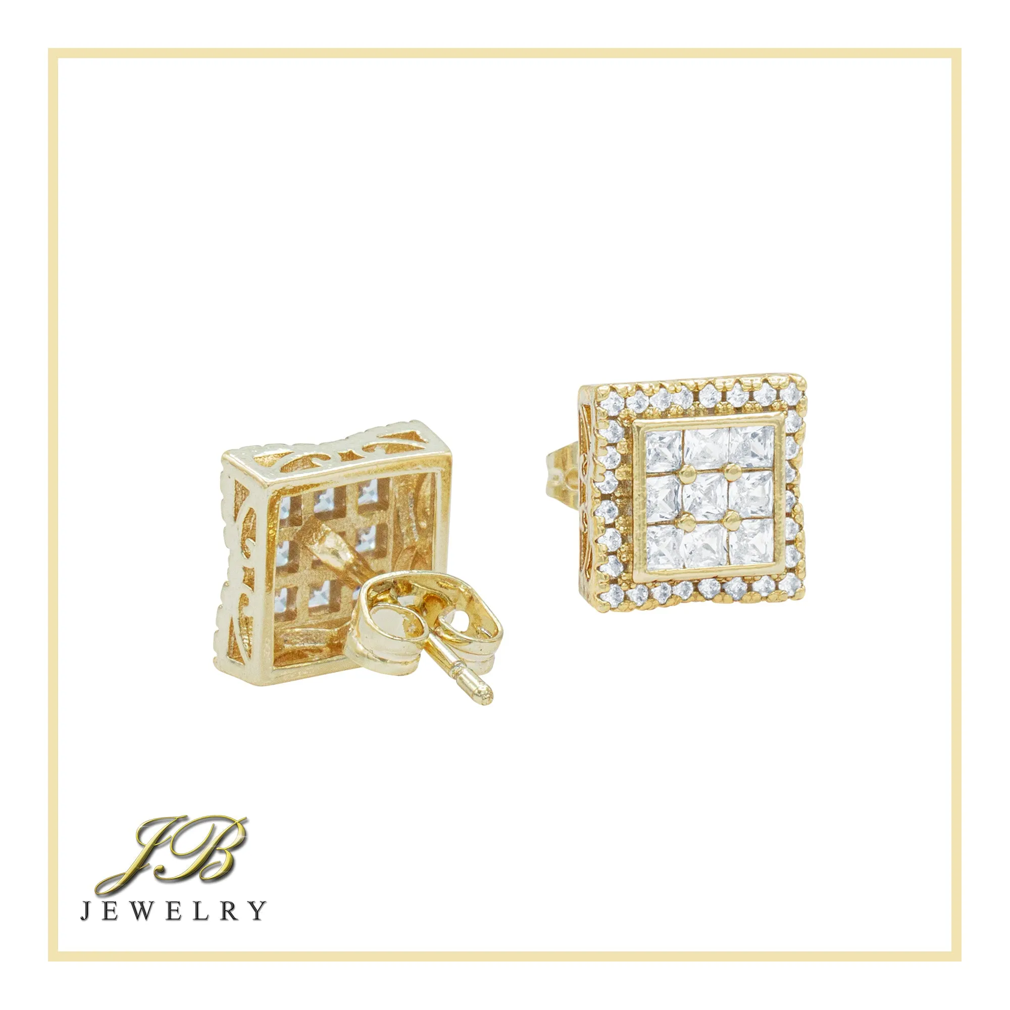 Double Square 3 Cubic Zirconia Earrings 14K Gold Filled Silver Hip Hop Studs Jewelry Women Men