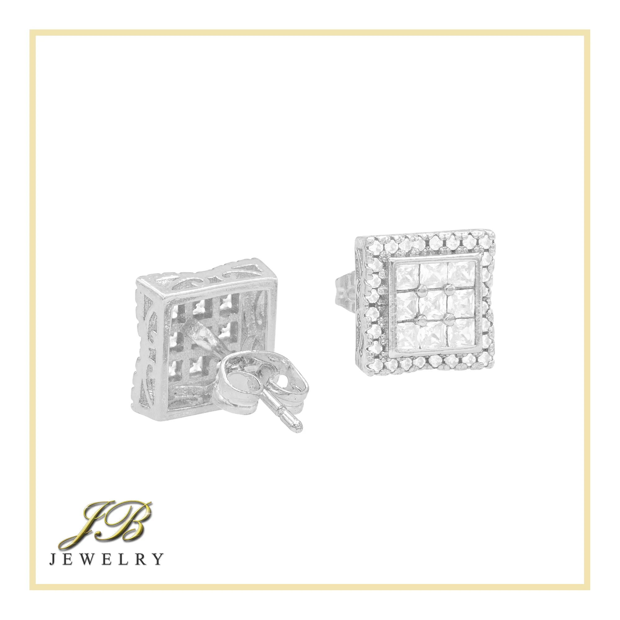 Double Square 3 Cubic Zirconia Earrings 14K Gold Filled Silver Hip Hop Studs Jewelry Women Men