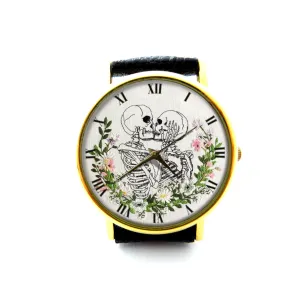 Embroidery Effect Print Skull Lover Kiss Leather Watch, Skull Lover Unisex Watch