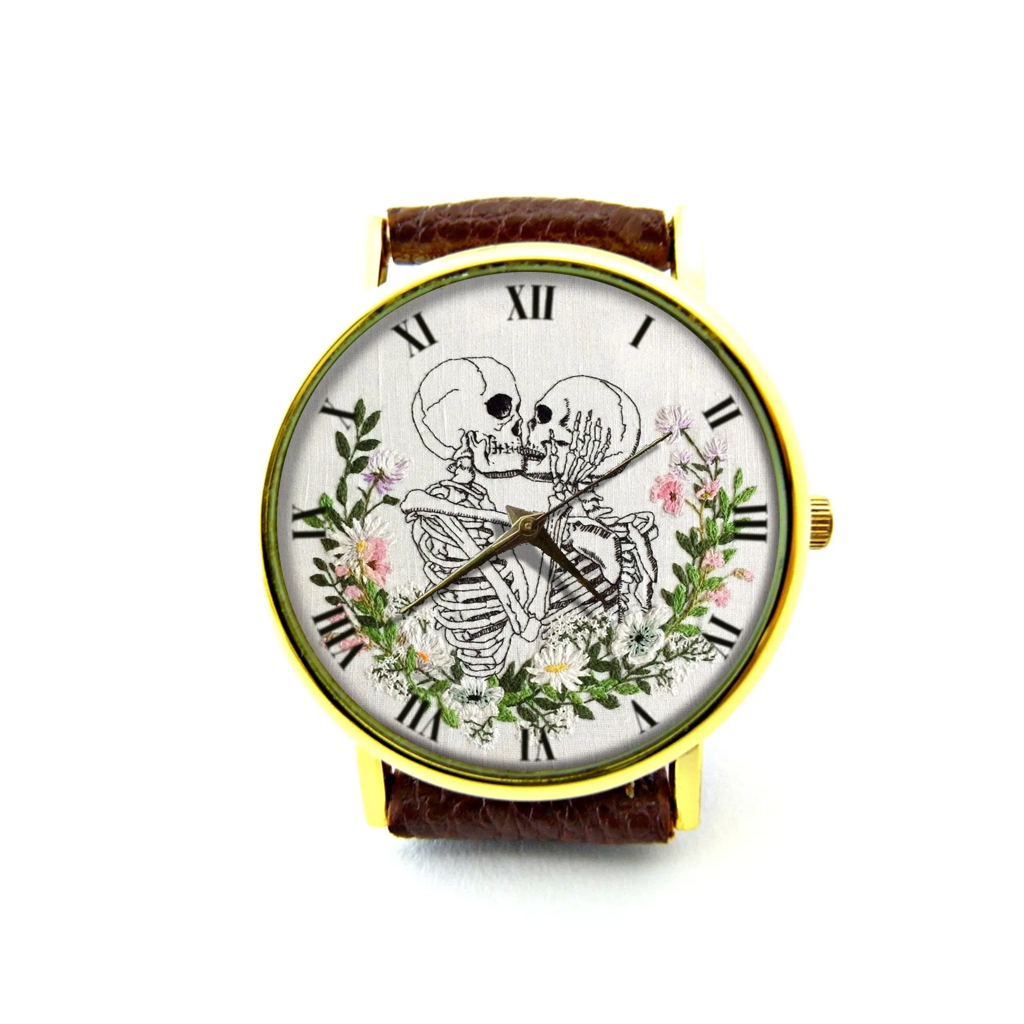 Embroidery Effect Print Skull Lover Kiss Leather Watch, Skull Lover Unisex Watch