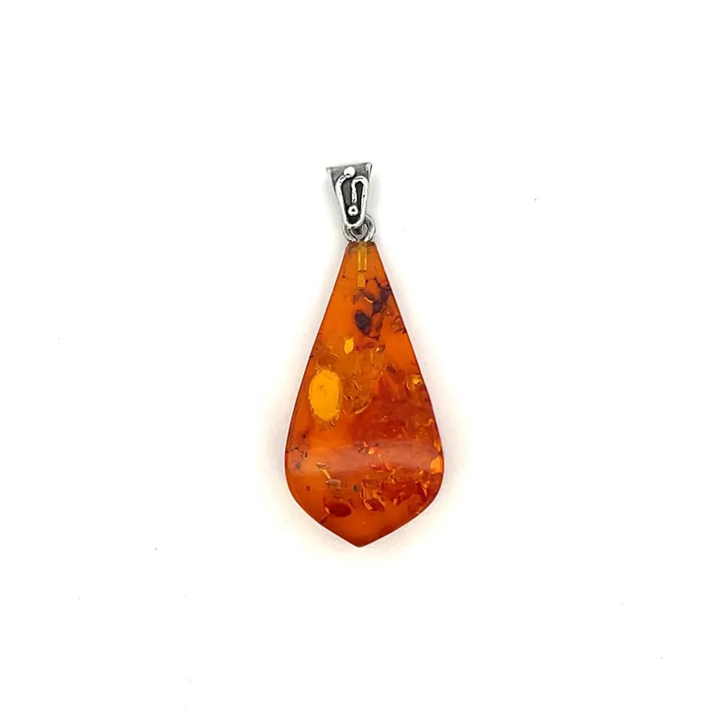 Estate Sterling Silver Pear Shaped Amber Solitaire Pendant