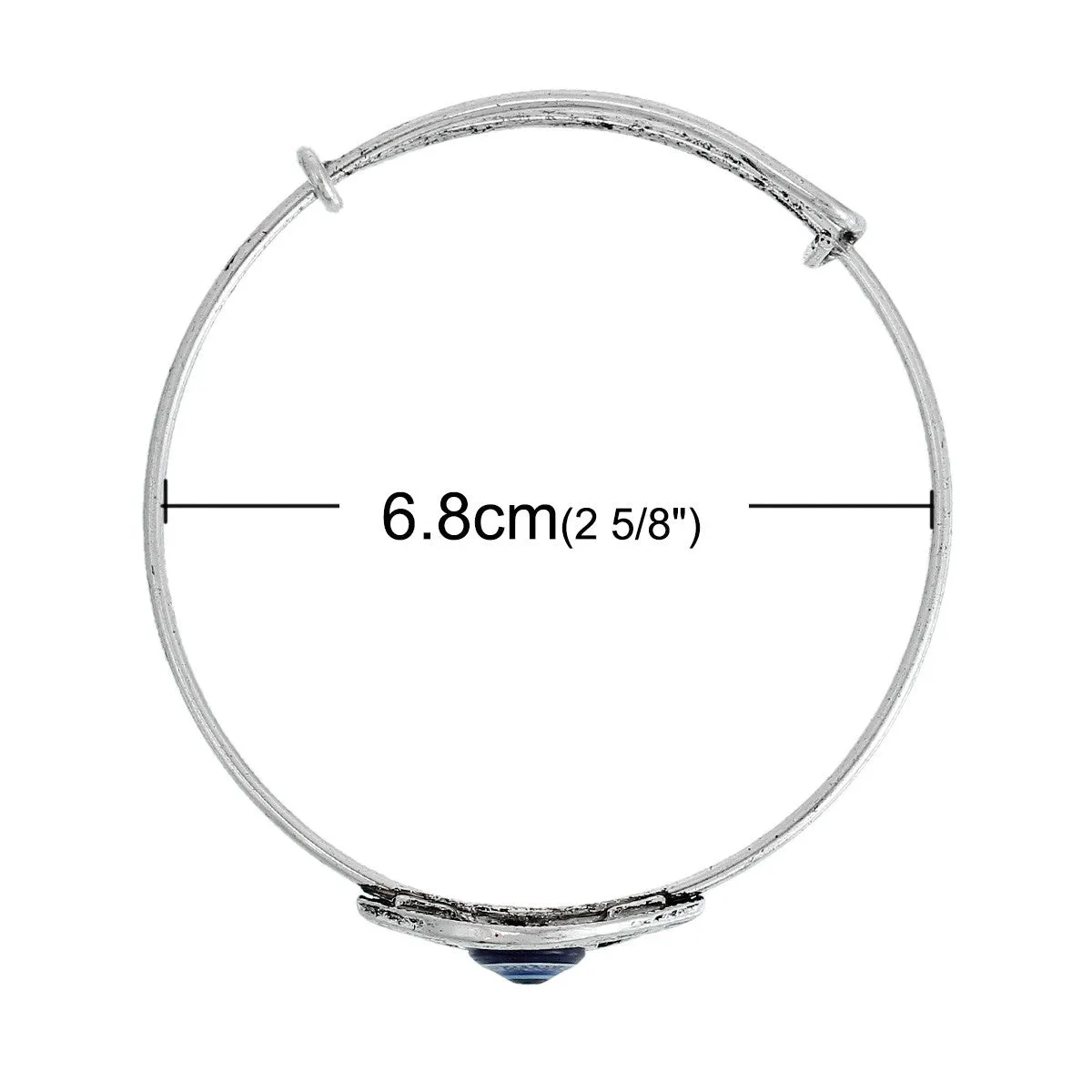 Expandable Charm Bangle Bracelet, Double Bar, Eye Antique Silver Tone Blue Resin